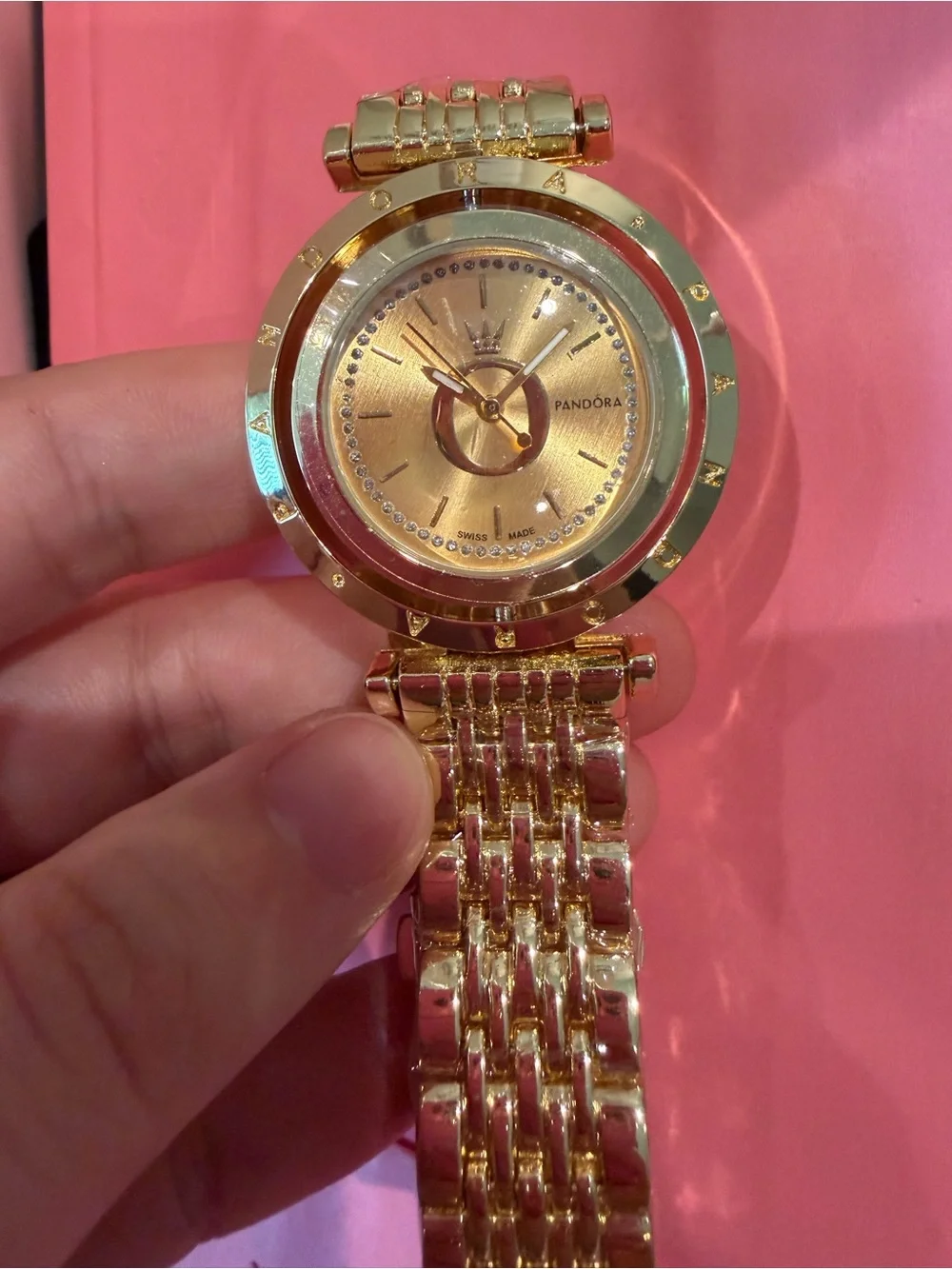 Pandora Gold Women's Bracelet Watch with Pink Backdrop